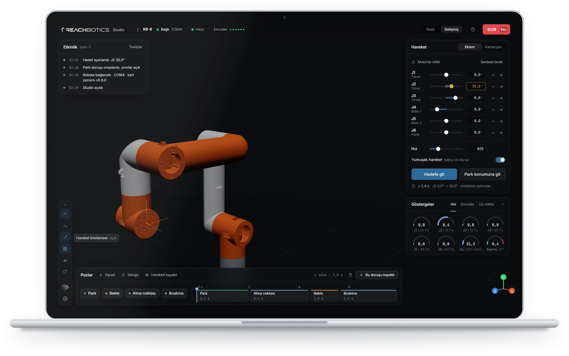 Reachbotics Studio on a laptop: 3D robot arm view with sliders for all six joints and the PTP move button