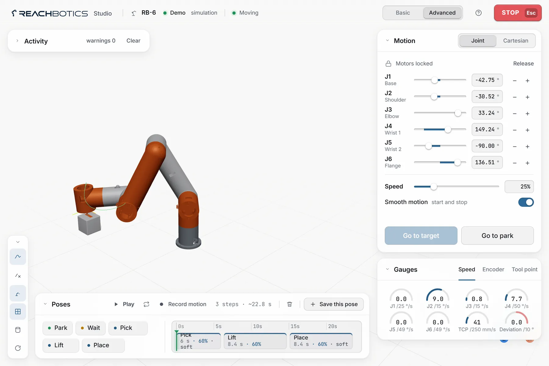 Reachbotics Studio live demo screen: 3D robot arm, joint sliders, poses and gauges
